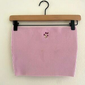Soft Pink Ribbed Tube Top w/ Floral Embroidery Detail